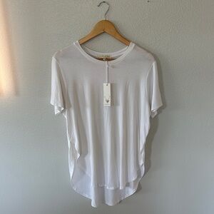 Joah Brown White Super Soft Flowy Curved Hem Hi-Low Oversized Drapey Tee, OS